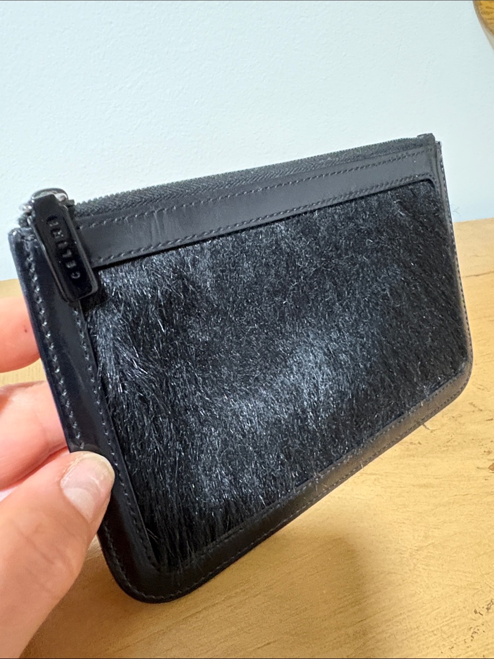 Celine Black Haircalf Zip Pouch with Leather Trim